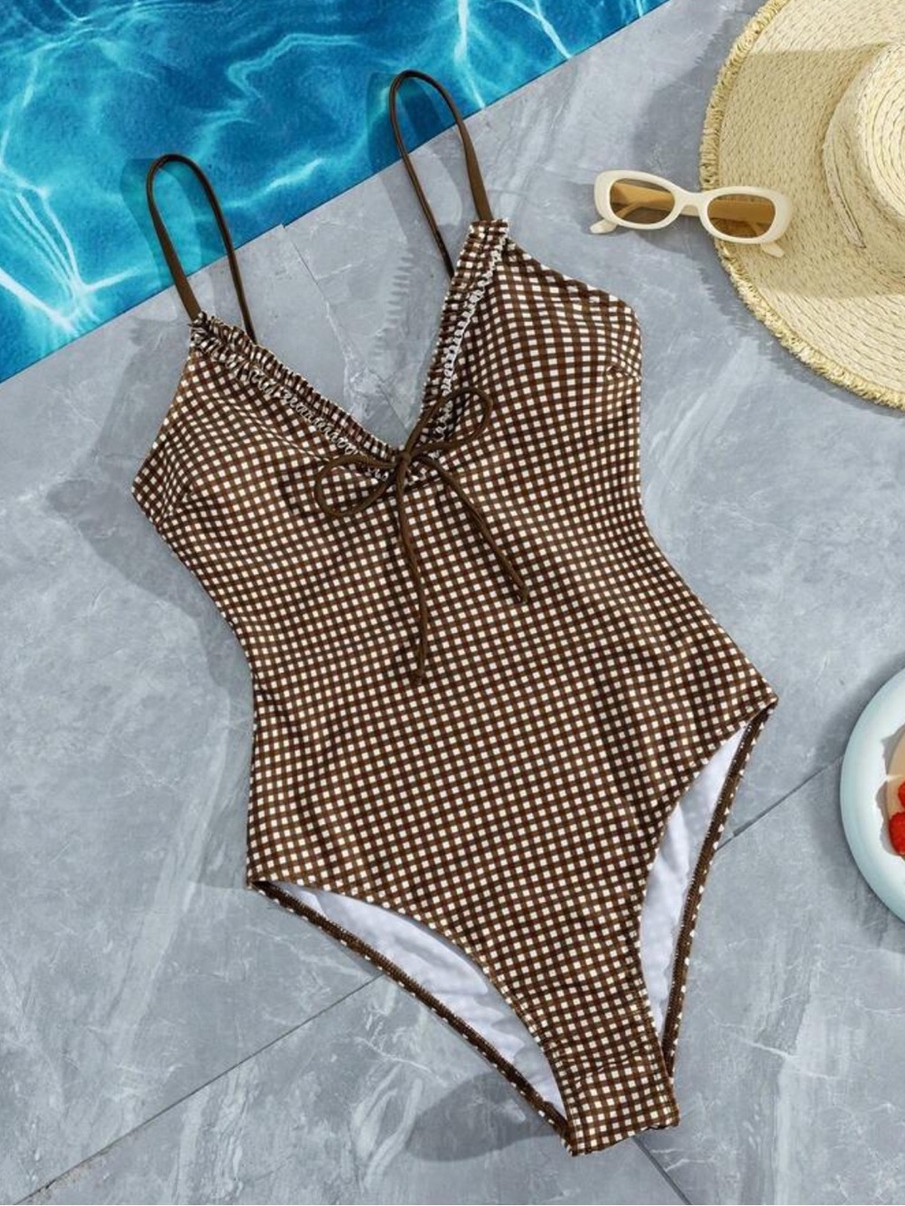 Brown Gingham One-Piece Swimsuit with Tie Front